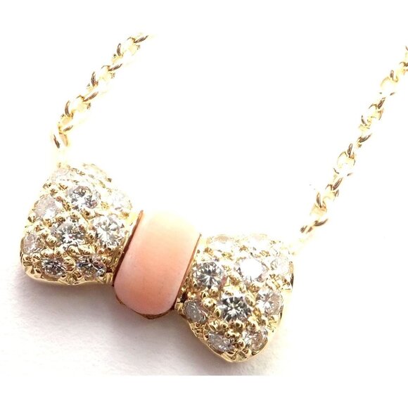 Authentic! Van Cleef & Arpels 18k Yellow Gold Diamond Coral Bow Pendant Necklace - Picture 1 of 8